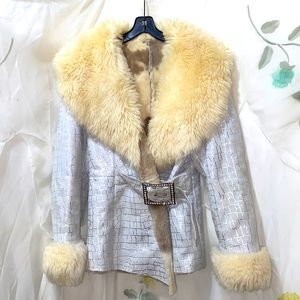 AL & SEN FAUX SUEDE LIGHT GREY/SILVER RHINESTONE BUCKLE FAUX FUR COAT SZ XL